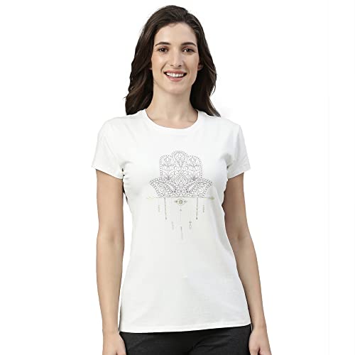 Enamor Essentials Womens Short Sleeve Crew Neck Slim Fit Breathable Stretch Cotton Tee With Graphic - E147(E147-Ivory/Hamsa Gra