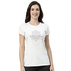 Enamor Essentials Womens Short Sleeve Crew Neck Slim Fit Breathable Stretch Cotton Tee With Graphic - E147(E147-Ivory/Hamsa Gra