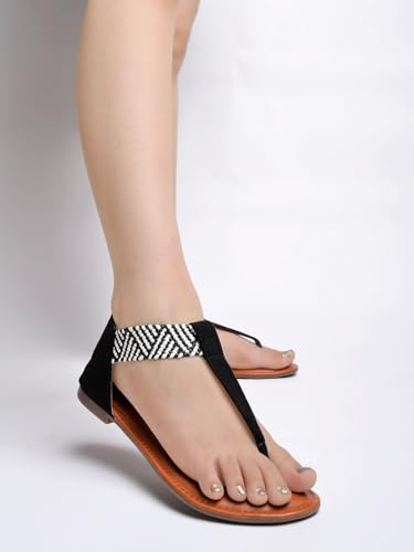 Shoetopia WomenS Ethnic Style T-Strap Sandals Black Chevron Ankle Strap Flats For Casual & Festive Comfortable & Stylish Party
