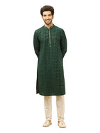 Manyavar Mens Green Art Silk Self Design Kurta Pyjama Set