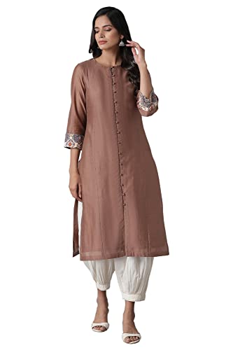 W For Woman Folksong By W Round Neck Kurta Solid 44 L 3/4Th Slv Beige