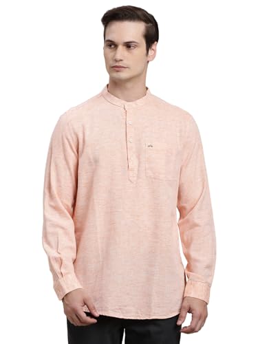 Turtle Men Orange Solid Full Sleeve Slim Fit Cotton Lyolin Casual Kurta Shirt