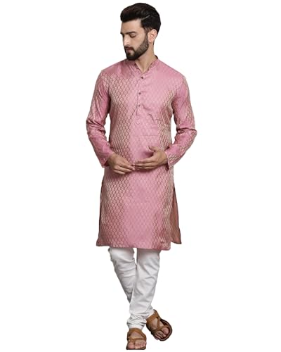 Sojanya (Since 1958 MenS Jacq Silk Pink Self Design Kurta & Off-White Churidar Pyjama Set