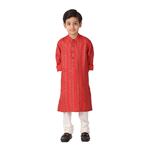 Fabindia Kids Silk Chinese Collar Long Kurta Viscose_6-8Y Red