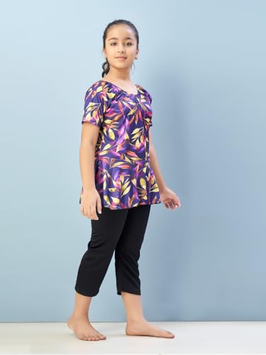 Aarika Girls Sports Wear Purple-Black Colour Floral Print Nylon Swim Suit (5-15 Years)-(Sw-Shm-C-1113)