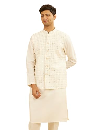 Manyavar MenS Art Silk Embroidery|Sequin Work Kurta Jacket Set (Warm White,M)