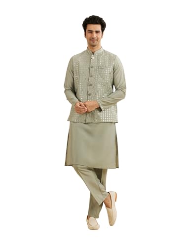 Manyavar MenS Art Silk Embroidery|Sequin Work Kurta Jacket Set (Light Mid Green,Xxl)