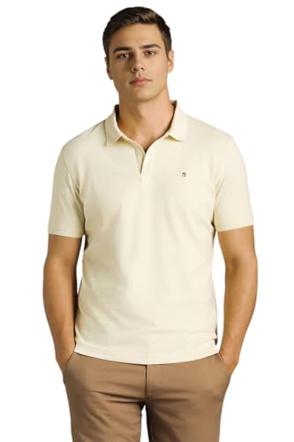 Men Cream Solid Polo Neck Tri-Color Logo T-Shirt