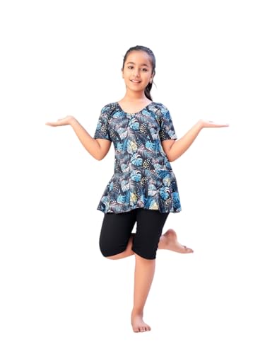 Aarika Girls Sports Wear Firozi-Black Colour Leaf Print Nylon Swim Suit (5-15 Years)-(Sw-Shm-Ca-1121)