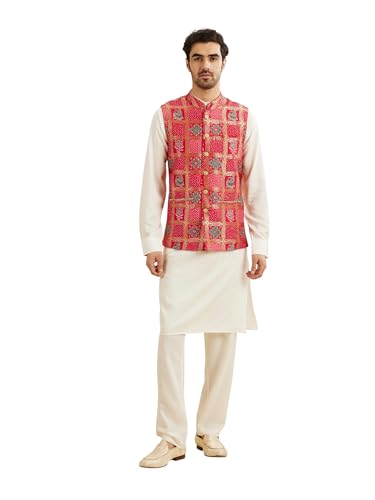 Manyavar MenS Art Silk Digital Print Kurta Jacket Set (Red,L)