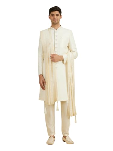 Manyavar MenS Art Silk Floral Emboridery Dupatta(Cream)