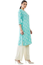 Soch Women Turquoise Blue Rayon Printed Kurta