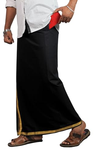 Prakasam Cotton Mens Black Colour Jari Cotton Flexi Size Welcro Pocket Dhoti (Jari-Black)-Medium