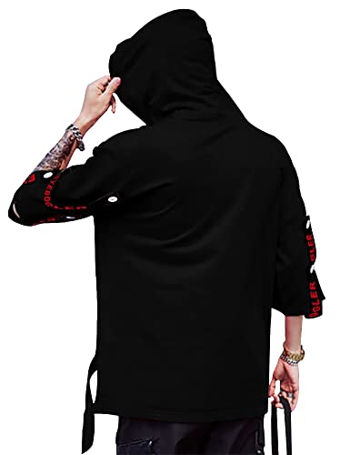 Eyebogler Mens Loose Fit Half Sleeves Hooded Neck Printed T-Shirt Black White
