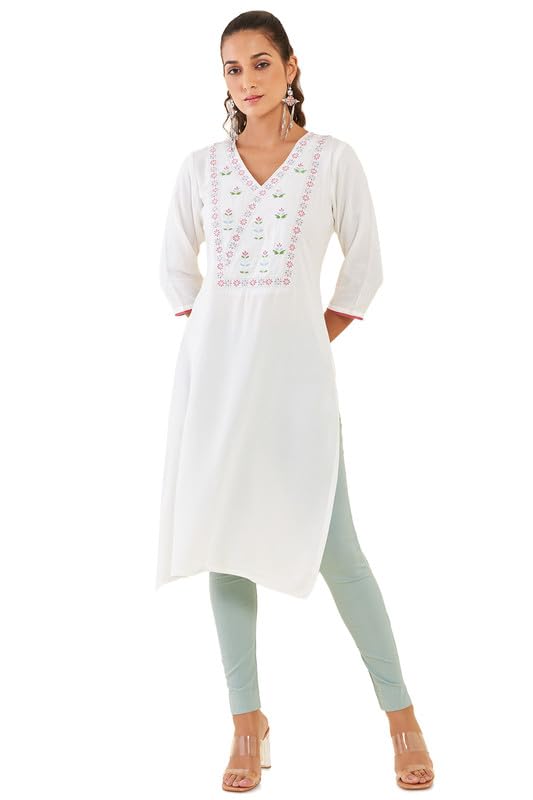 Soch Women Rayon Slub Kurta with Floral Embroidery