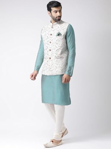Kisah Men Green White Printed Kurta With Churidar, Full Sleaves, Knee Length, Straight, Regular Fit, Mandarin Collar Ethnic Wear