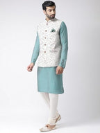 Kisah Men Green White Printed Kurta With Churidar, Full Sleaves, Knee Length, Straight, Regular Fit, Mandarin Collar Ethnic Wear