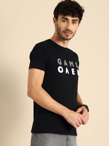 Bewakoof Mens Game Over Minimal Typography Black Hooded Half Sleeve T-Shirt