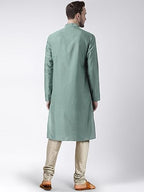 Kisah Men Sea Green Solid Straight Kurta Full Sleaves, Knee Length, Straight, Regular Fit, Mandarin Collar Ethnic Wear
