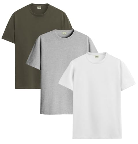 ADRO Men's Solid Regular Fit T-Shirt (RCM3-PLN-OL-WH-GR_Olive,White,Grey