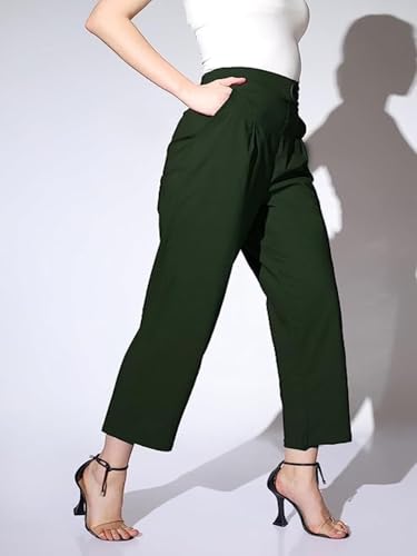 Leriya Fashion Trousers For Women || Solid Bi-Stretch Straight Trousers With 2 Front Pockets & Decorative Buckle || For Office |