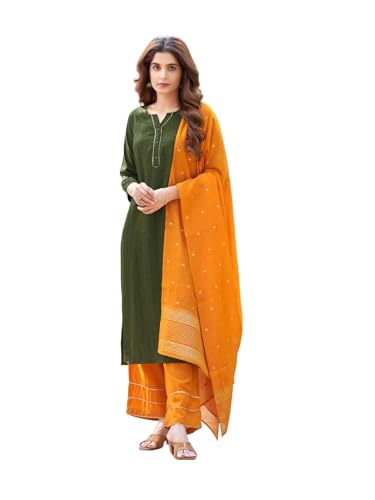 Sanisa Women'S Chinnon Sequence Work Straight Kurta With Pant And Jacquard Work Dupatta (67Kbd763Nz-L_Mehndi Green)