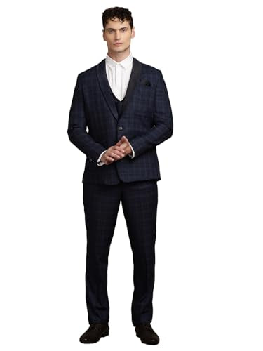 Turtle Men Terry Rayon Checkered Navy Blue Party Suits (3 Piece)