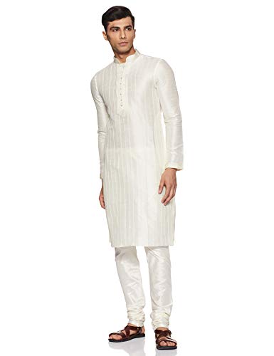 Manyavar MenS Silk Regular Kurta And Churidar Set (S951995_Ivory, Cream_S)