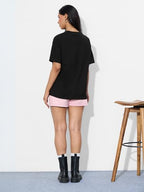 The Souled Store Textured T-Shirt: Find Your Balance Women and Girls Short Sleeves Round Neck Black Embroidered Cotton Relaxed F