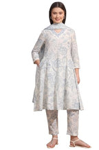 W For Woman White Floral Printed Pure Cotton Anarkali Kurta, Pants Set With Dupatta (Size: Xl)-Ws12457-124968