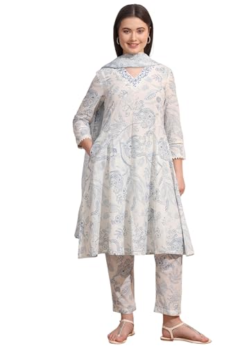 W For Woman White Floral Printed Pure Cotton Anarkali Kurta, Pants Set With Dupatta (Size: Xl)-Ws12457-124968