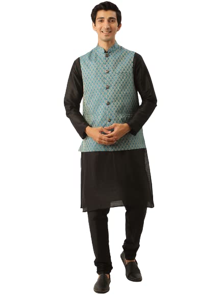 SOJANYA (Since 1958 Mens Silk Blend Black Kurta Pyjama & PeacockBlue Self Design Nehru Jacket Combo