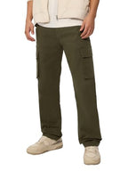 The Souled Store Solids: Olive Green Blue Men and Boys Camo Print Regular Fit 100% Cotton Cargo Pants - Lightweight Hiking Jogge