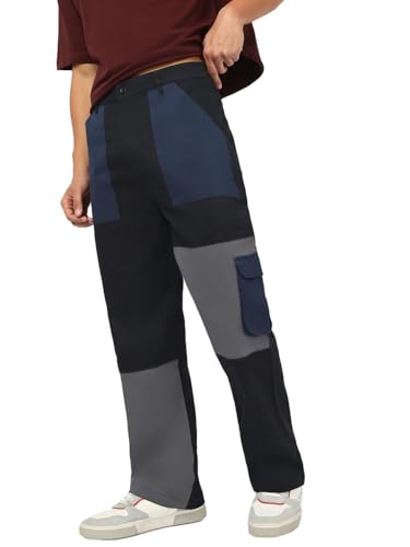 Bewakoof MenS Color Block Straight Fit Cotton Lycra Blend Pant_664157_Black_32