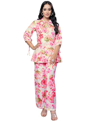 GRECIILOOKS Rayon Floral Regular Fit Stylish Kurta Ethnic for Women | 3/4 Sleeve Co-ord Set (GL-W1938&TR960_Pink_S)