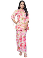 GRECIILOOKS Rayon Floral Regular Fit Stylish Kurta Ethnic for Women | 3/4 Sleeve Co-ord Set (GL-W1938&TR960_Pink_S)