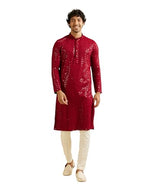 Manyavar MenS Viscose Chikankari Embroidered Sequinned Kurta Set (Red,L)