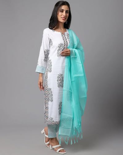 Tee Projekt WomenS Cotton Blend Sweetheart Neck Straight Kurta Pant With Dupatta Set Sea Green