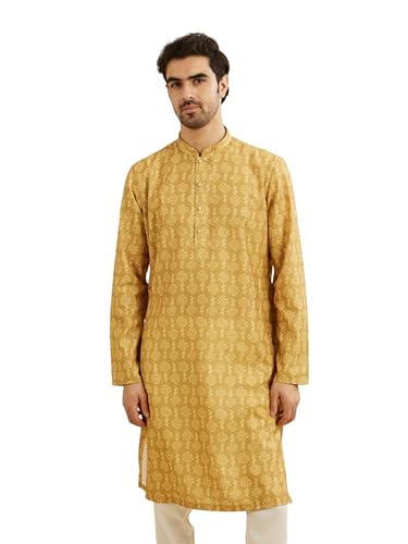 Manyavar MenS Cotton Blend Floral Motifs Printed Long Kurta (Mustard,Xxl)