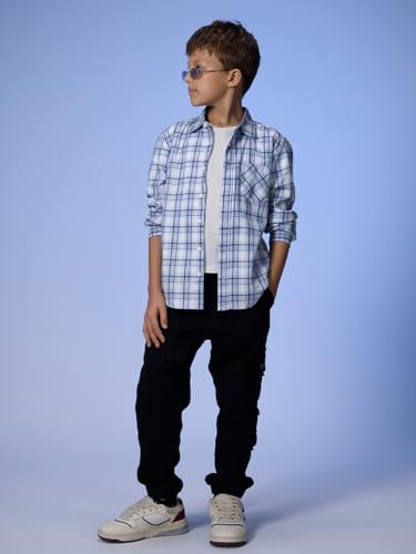 The Souled Store Plaid: Light Blue, White Young Boys Long Sleeves Collared Neck Button Front Regular Fit Cotton Shirts