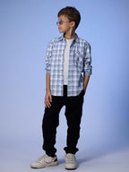 The Souled Store Plaid: Light Blue, White Young Boys Long Sleeves Collared Neck Button Front Regular Fit Cotton Shirts