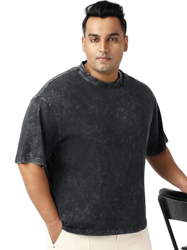 Bewakoof MenS Self Design Oversized Fit Half Sleeve Round Neck Cotton Plus Size T-Shirt_602592_Black_5Xl