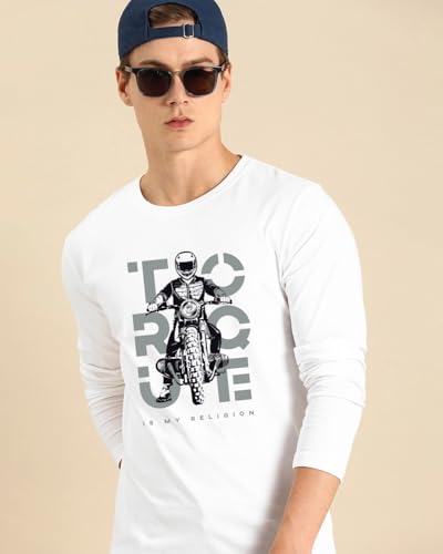 Bewakoof MenS Printed Regular Fit Full Sleeve Round Neck Cotton T-Shirt_ 459653_White_L