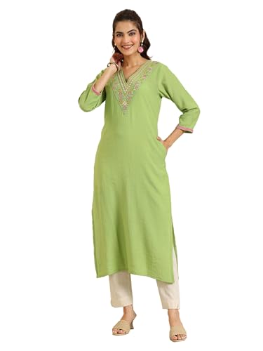 Libas Women'S Silk Blend Straight Kurtas (29703_Green_Xl)