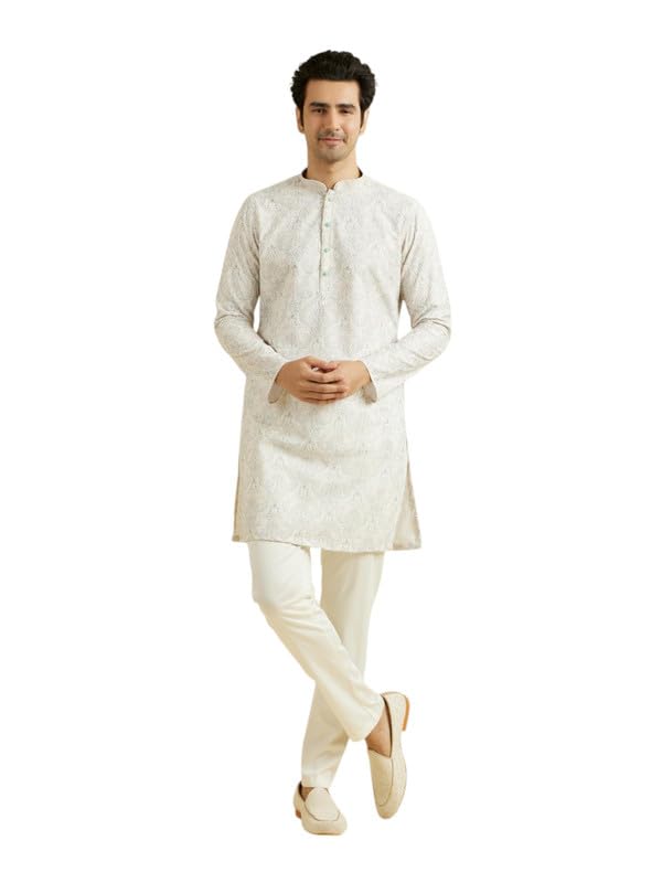 Manyavar MenS Printed & Chikankari Embroidered Kurta Trouser Set (Pista Green,Xl)