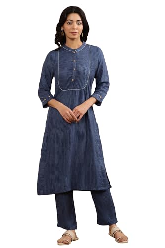 W For Woman W Women Blue Striped Viscose Straight Kurta Set With Straight Pant_24Onws17707-118156_M