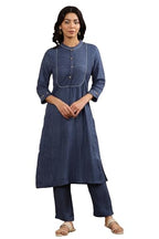 W For Woman W Women Blue Striped Viscose Straight Kurta Set With Straight Pant_24Onws17707-118156_M
