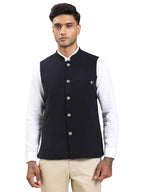 Turtle Men Knitted Self Design Slim Fit Blue Nehru Jacket