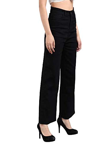 KOTTY Womens High Rise Cotton Lycra Clean Look Regular Length Flared Denim Jeans Black