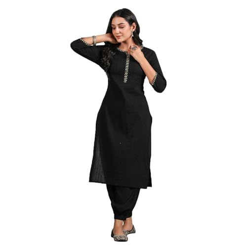 Anubhutee Women'S Black Pleated Thread Work Pure Cotton Straight Kurta